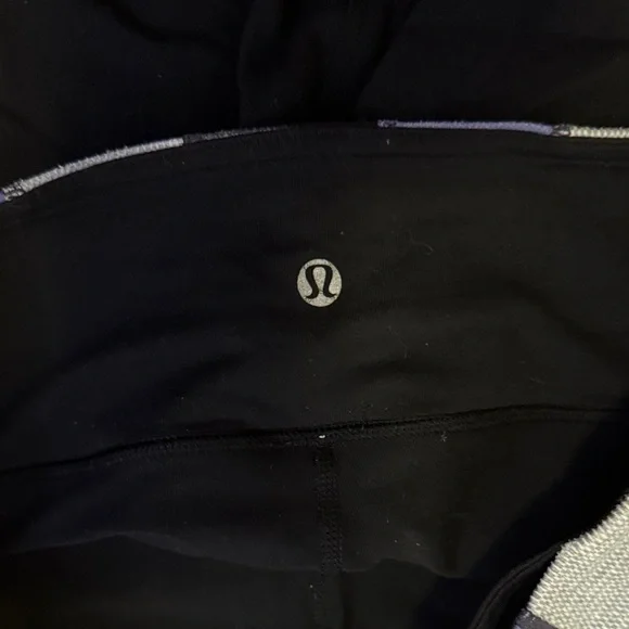 Women’s Black Cropped Leggings with Gray and Purple Waistband - Picture 2 of 4